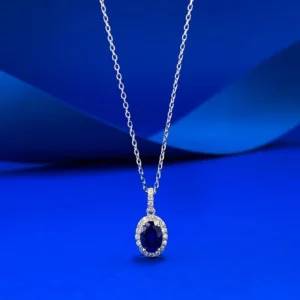 RENSINO S925 Silver 5 * 7mm Oval Cultivated Necklace Royal Blue Surround Pendant with Adjustable Length for Wedding Jewelry