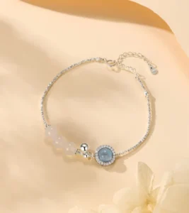 RENSINO S925 Silver Aquamarine Gemstone Jewelry with White Agate Bead Chain Link Bracelet for Women Gift