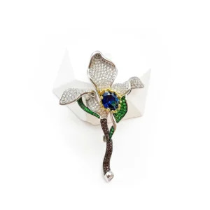 RENSINO S925 Silver Blue Sapphire Zircon Orchid Brooch Heavily Inlaid Colored Gems High-End Custom Accessory for Wedding Gift Unisex