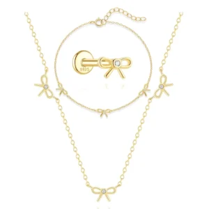 RENSINO S925 Silver Bowknot Pendant Earring Bracelet Set Fashion Earrings Necklace Jewelry Set