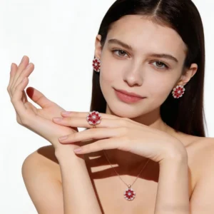 RENSINO S925 Silver Electroplated Natural Ruby Three Piece Set Including Earrings Ring Pendant High End Wedding Party