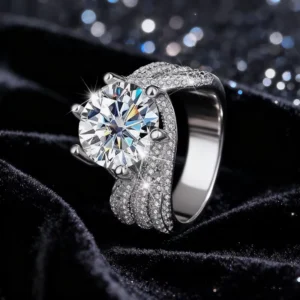 RENSINO S925 Silver Extra Large 5CT Moissanite Diamond Three Row Six Prong Twist Arm Ring Engagement Wedding Band