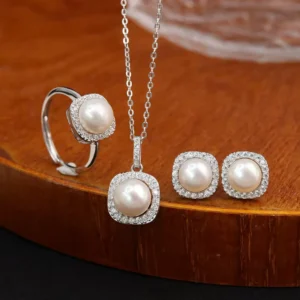 RENSINO S925 Silver Freshwater Pearl Jewelry Set for Women Simple Fashion Square Earrings Necklace & Ring Three-Piece Set