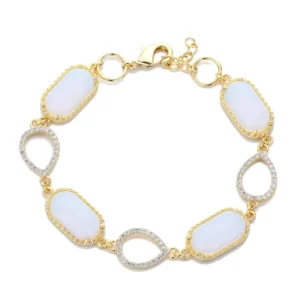RENSINO S925 Silver Gold Plated Moissanite and Blue Moonstone Tennis Adjustable Bracelet for Women