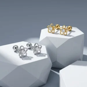 RENSINO S925 Silver Gold Rhodium Plated Hollow Five Petal Flower Stud Earrings Women’s Simple Niche Zircon Minimalist Cross border