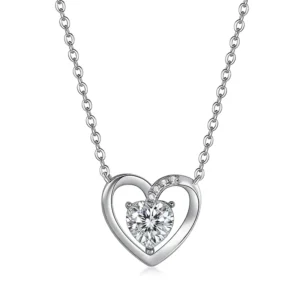 RENSINO S925 Silver Heart Moissanite Pendant Necklace Rhodium Plated Claw Setting O-Chain Clavicle Chain