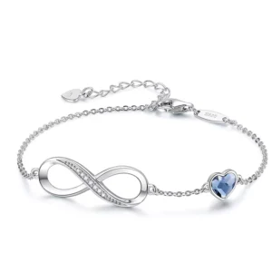 RENSINO S925 Silver Heart Shaped Crystal Infinity Bracelet For Girls 925 Silver Figure Eight Infinity Bracelets For Valentine’s Day