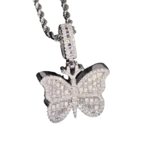 RENSINO S925 Silver Hip Hop Style Moissanite Pendant with Butterfly Design