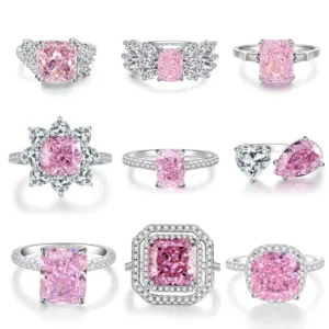RENSINO S925 Silver Ice Flower Cut Ring for Women Radiant Pink ZIRCON Gemstone European American Style for Gift