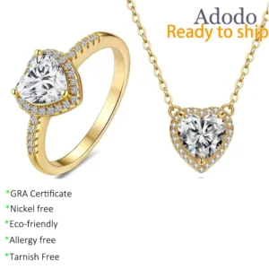 RENSINO S925 Silver Jewellery Sets 18K Gold Plated Classic Heart Cut 2ct Moissanite Jewelry Set Necklace Ring for Ladies