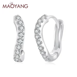 RENSINO S925 Silver Jewelry Earrings Simple Versatile Wave Like Sparkling Zircon Earrings Fashionable Hoop Earrings for Women