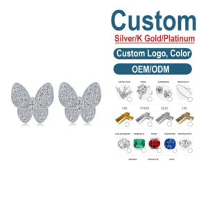 RENSINO S925 Silver Moissanite Butterfly Stud Earrings Light Luxury Paved Diamond Gold plated Butterfly Earrings for Women