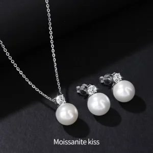 RENSINO S925 Silver Moissanite Pearl Jewelry Set Light Luxury Niche Moissanite Necklace Earrings Women’s Wedding Party Jewelry