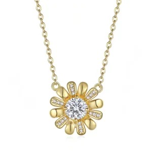 RENSINO S925 Silver Moissanite Pendant Necklace Sunflower Design O-Chain Bohemian Style Gold & Rhodium Plated