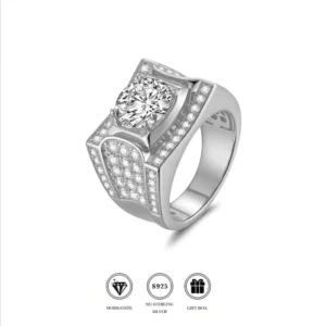RENSINO S925 Silver Moissanite Ring Men Large Center Stone 18K Gold Plated Micro Inlay Full Diamond Band Luxury Heavy Wedding Fathers