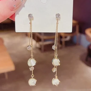 RENSINO S925 Silver Needle Earring Korean Fashion Personality Opal Drop Earring Super Flash Rhinestone Long Tassel Earring