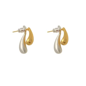 RENSINO S925 Silver Needle Earrings Two Tone Spliced Water Drop Brushed Design Minimalist INS Style Versatile Studs For Women
