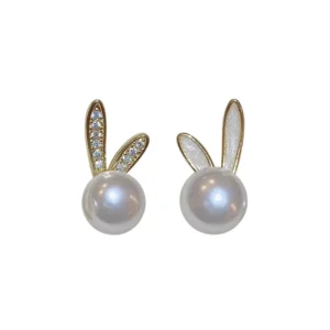 RENSINO S925 Silver Needle Luxury Diamond Bunny Ears Stud Earrings with Pearl Women’s Bridal Jewelry Gold Plated Accessories