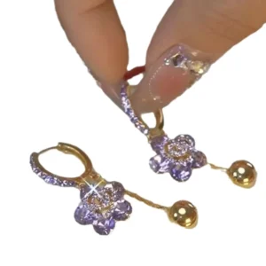 RENSINO S925 Silver Needle Purple Crystal Flower Earrings Amethyst Diamond Pendant Earring Charm Cubic Zirconia Dangle Earring