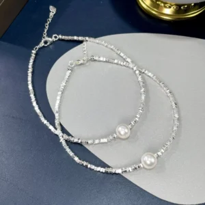 RENSINO S925 Silver Plated Freshwater Pearl Pendant Necklace Pearl Bead Bracelet White Round Pearl Anklet