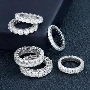 RENSINO S925 Silver Princess Emerald Round Cut Vvs D Color Eternity Moissanite Hip Hop Tennis Ring for Men and Women