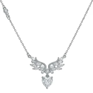 RENSINO S925 Silver Rhodium Plated Angel Wings Necklace Inlaid 1.2ct Heart shaped Moissanite Pendant Clavicle Chain Womens Light