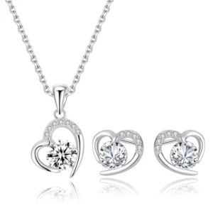 RENSINO S925 Silver Romantic Heart Jewelry Set Cubic Zirconia Necklace & Stud Earrings Valentine’s Day Gift