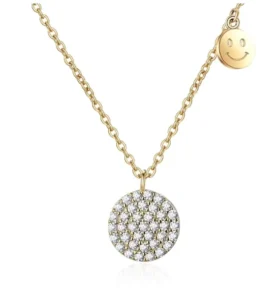 RENSINO S925 Silver Round Coin Pendant Necklace for Women Punk Gold Plated with Rhinestone Crystal Coin Necklace
