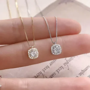 RENSINO S925 Silver Small square Pendant Necklace for Women Clavicle Chain with a Simple and Luxurious Design Zirconia Pendant Silver