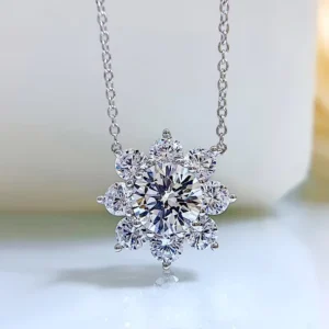 RENSINO S925 Silver Sunflower Pendant Moissanite Petals Sunflower Necklace Ins Niche Design Necklace Women’s Wedding Party Jewelry