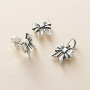 RENSINO S925 Silver Vintage Silver Bow Jewelry Set Bowknot Stud Earrings Charm Pendant Retro Cute Gift for Women