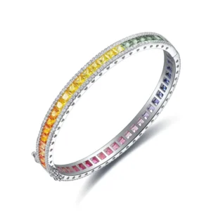 RENSINO S925 Silver Women’s Fashion Jewelry Lab Gemstone Rainbow Bangle Lab Grown Sapphire Tennis Chain Bracelet