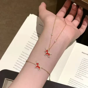RENSINO S925 Silver Zodiac Red Unicorn Necklace Pony Pendant Jewelry
