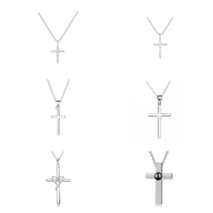 RENSINO S925 Sterling Silver 14K Gold Plated Cross Charm Necklace Women Men Zircon Necklace Collarbone Chain for Daily Wear