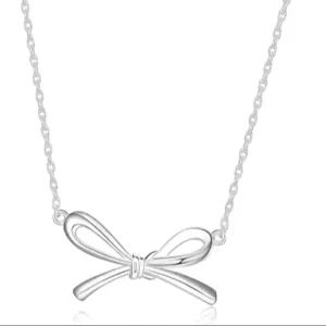 RENSINO S925 Sterling Silver 18K Yellow Gold Plated Bow Pendant Necklace and Hinged Bangle Bracelet Dainty Women’s Moissanite Jewelry