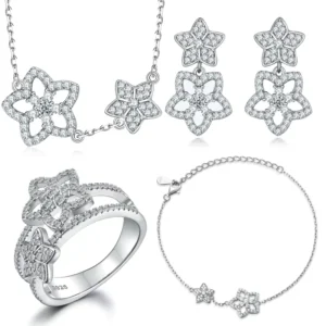 RENSINO S925 Sterling Silver 4 Piece Flower Jewelry Set for Women Pave CZ Diamond Ring Earrings Necklace & Bracelet