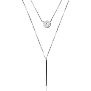 RENSINO S925 Sterling Silver Bar Dot Vertical Double Layered Chain Choker Y Clavicle Necklace Pave Circle and Thin Bar Necklace