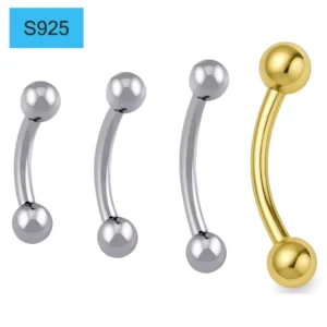 RENSINO S925 Sterling Silver Belly Button Simple Beads Design 18K Gold Plated Ear Curved Rook Navel Eyebrow Ring Body Piercing Jewelry