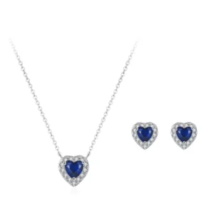 RENSINO S925 Sterling Silver Blue Heart Zircon Necklace Ring Earrings Bracelet Set OEM 4 Piece Jewelry Set for Women