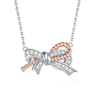 RENSINO S925 Sterling Silver Bow Necklace Pendant Set with Zircon Clavicle Chain Fashionable Jewelry Item