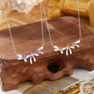 RENSINO S925 Sterling Silver Bowknot Necklace Natural Gemstone & Crystal Choker Fashion Fine Jewelry Custom Gift Box