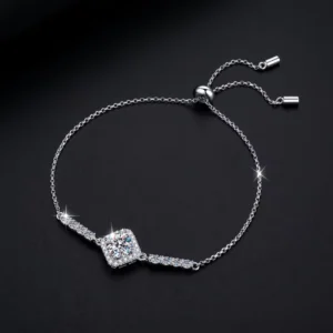 RENSINO S925 Sterling Silver Classic Radiant Square Adjustable 1CT D Colour Moissanite Bracelet for Women Wedding Gift