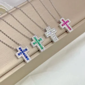 RENSINO S925 Sterling Silver Cross Pendant Zirconia Cross Necklace Emerald Green Necklace Fashion Jewelry for Women Gifts