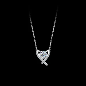 RENSINO S925 Sterling Silver Crossed Heart Moissanite Pendant Necklace Women Jewelry Ideal for Party Wedding Anniversary Gift