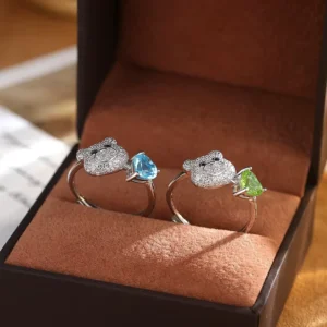 RENSINO S925 Sterling Silver Cute Bear Ring Natural Gemstone Crystal Hypoallergenic Jewelry Valentine Gift Custom Box