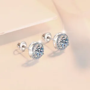 RENSINO S925 Sterling Silver Cute Spiral Back Buckle 1 Carat Moissanite Rhodium plated Stud Wedding Style Third Party Certified Earrings