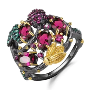 RENSINO S925 Sterling Silver Designer Ring Natural Floral Design Inlaid Natural Rose Garnet Elegant Sophisticated Womens Fashion Jewelry