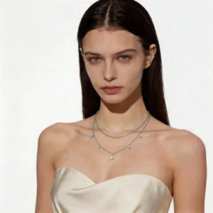 RENSINO S925 Sterling Silver Designer Waterdrop Double Layer Pendant Necklace Women’s Collarbone Chain Inlaid Moissanite Party Wedding