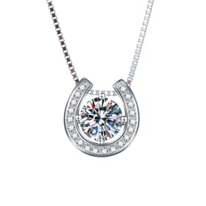 RENSINO S925 Sterling Silver Diamond inlaid Moissanite Horseshoe Necklace Women’s Pendant Box Chain Simple Fashion Daily Life 1 Karat