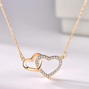 RENSINO S925 Sterling Silver Double Heart Necklace Crystal Zircon Heart Pendant Necklace for Women
